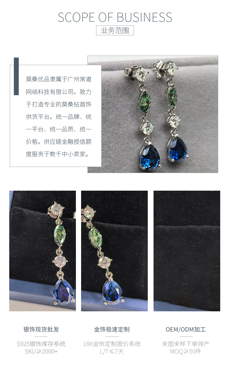 ECB0004银镀18K白金培育蓝宝流苏莫桑钻耳环主石9*7mm/1.5ct*2 - 3
