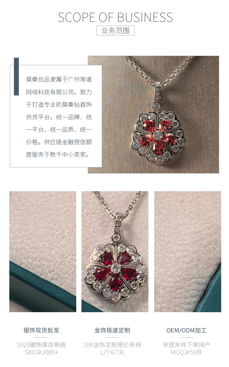 LCB0127款S925银镀18K白金梨形培育彩宝五瓣花莫桑钻项链/彩宝1.5ct - 3