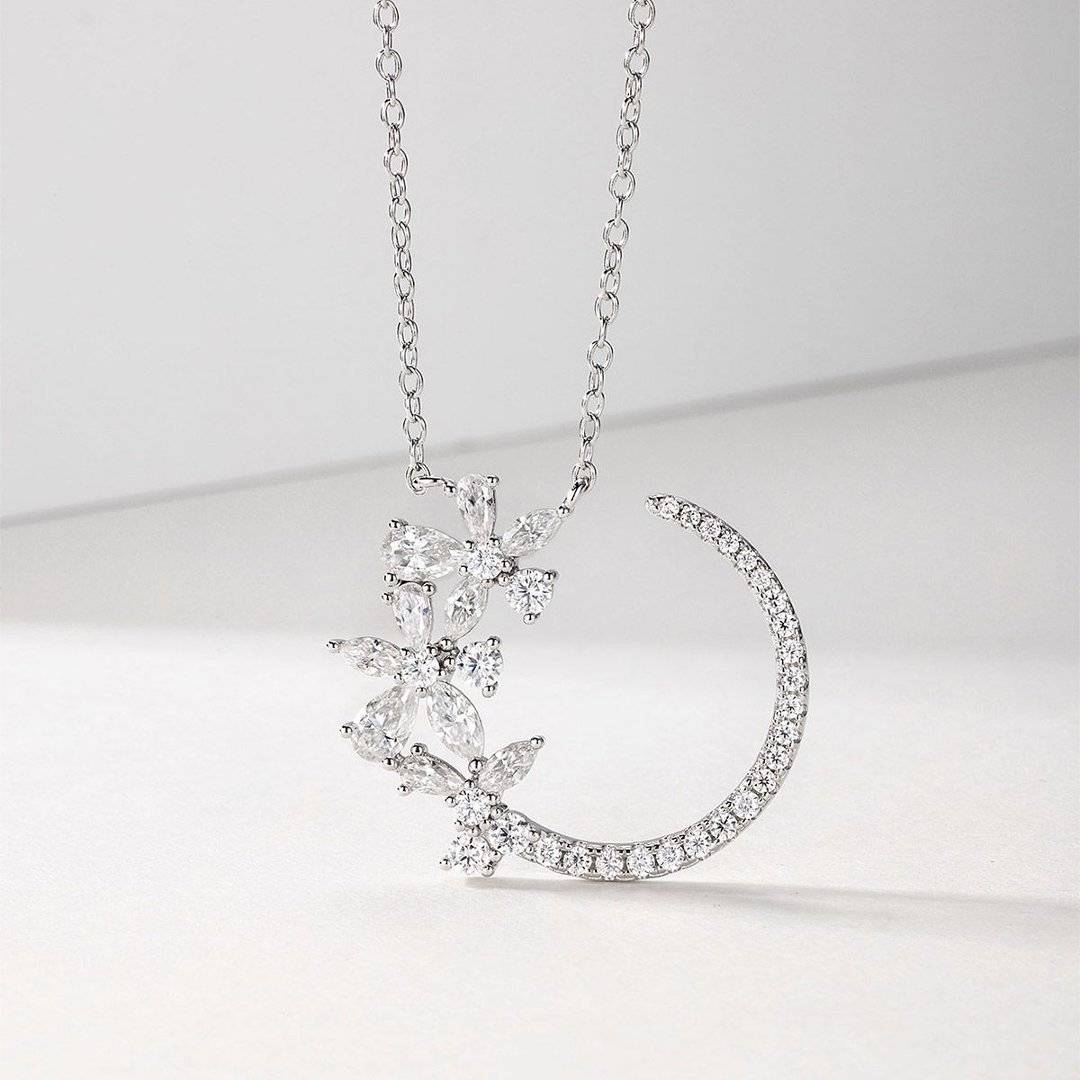 MP0110款S925银镀18K白金莫桑钻星月繁花项链2.37ct