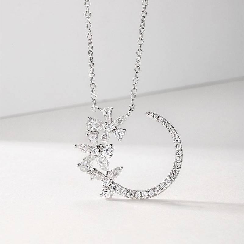 MP0110款S925银镀18K白金莫桑钻星月繁花项链2.37ct