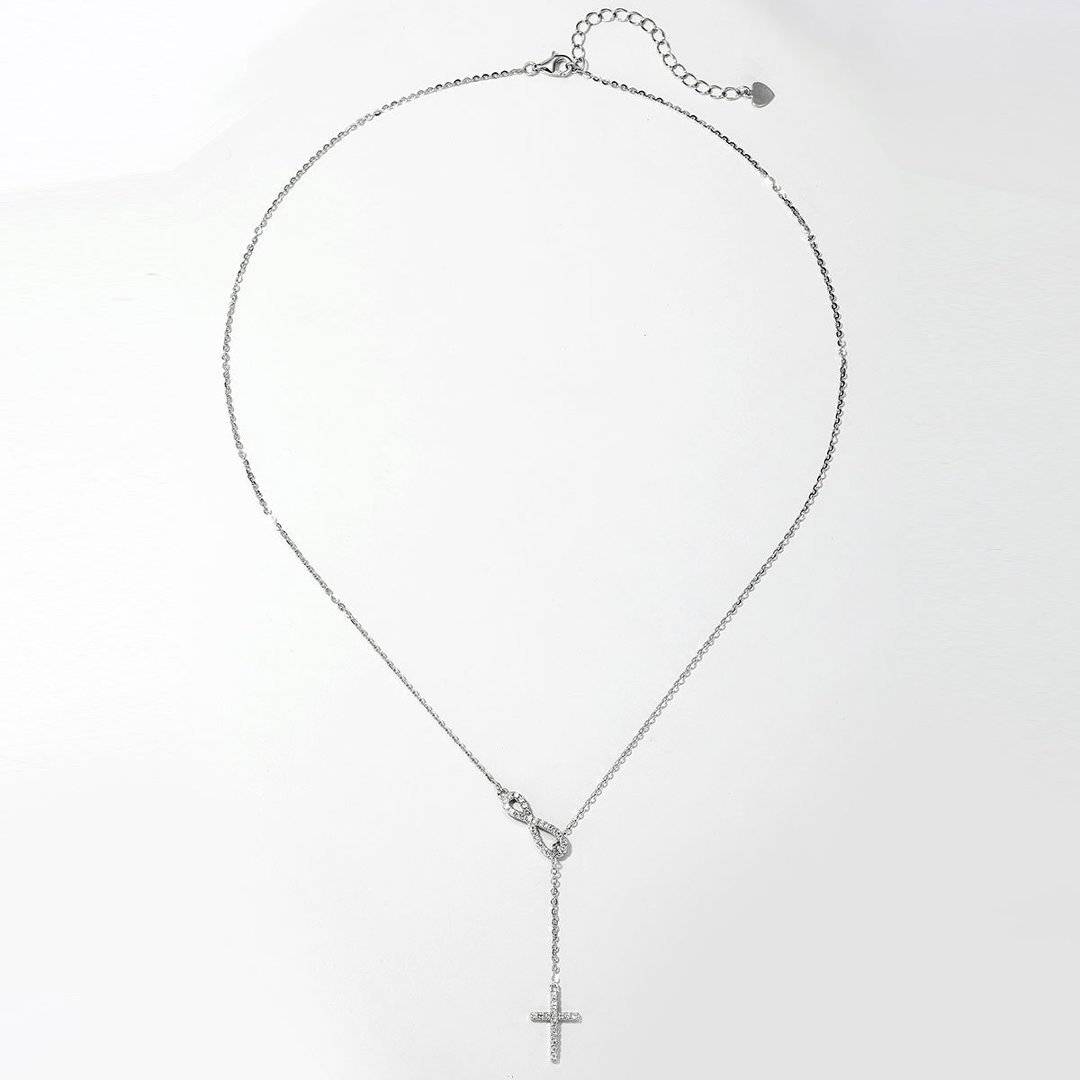 MP0152款S925银镀18K白金莫桑钻无限结十字架项链0.25ct