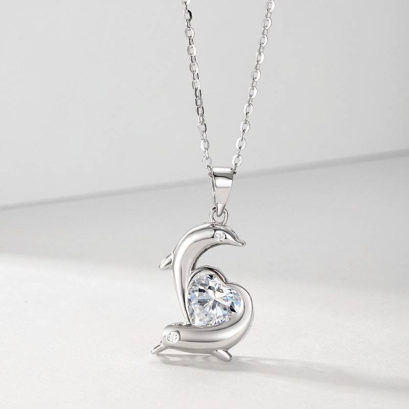 MP0123款S925银镀18K白金心形莫桑钻双海豚项链1.2ct