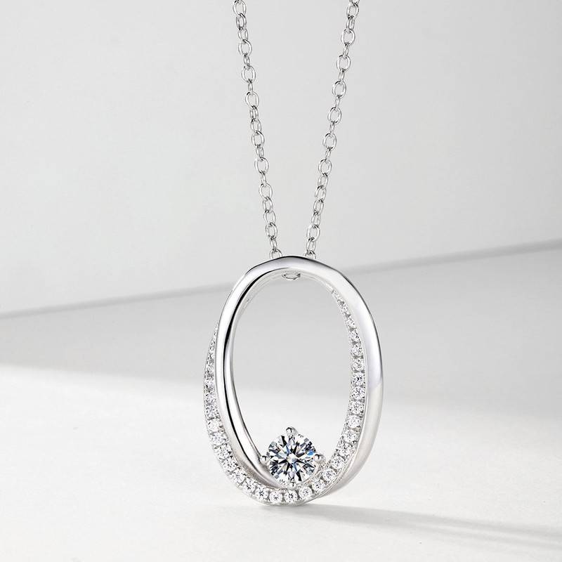MP0119款S925银镀18K白金圆形双层椭圆环莫桑钻项链0.84ct