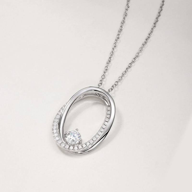 MP0119款S925银镀18K白金圆形双层椭圆环莫桑钻项链0.84ct
