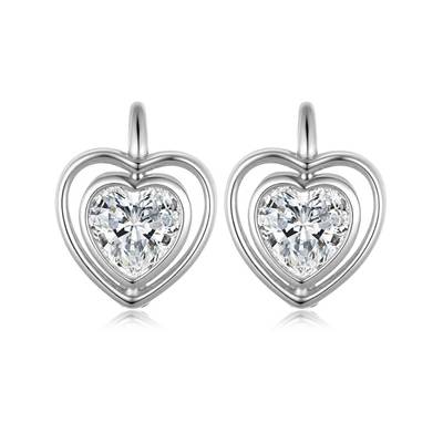 ME0034款S925银镀18K白金心形莫桑钻双心耳钉1.2ct*2