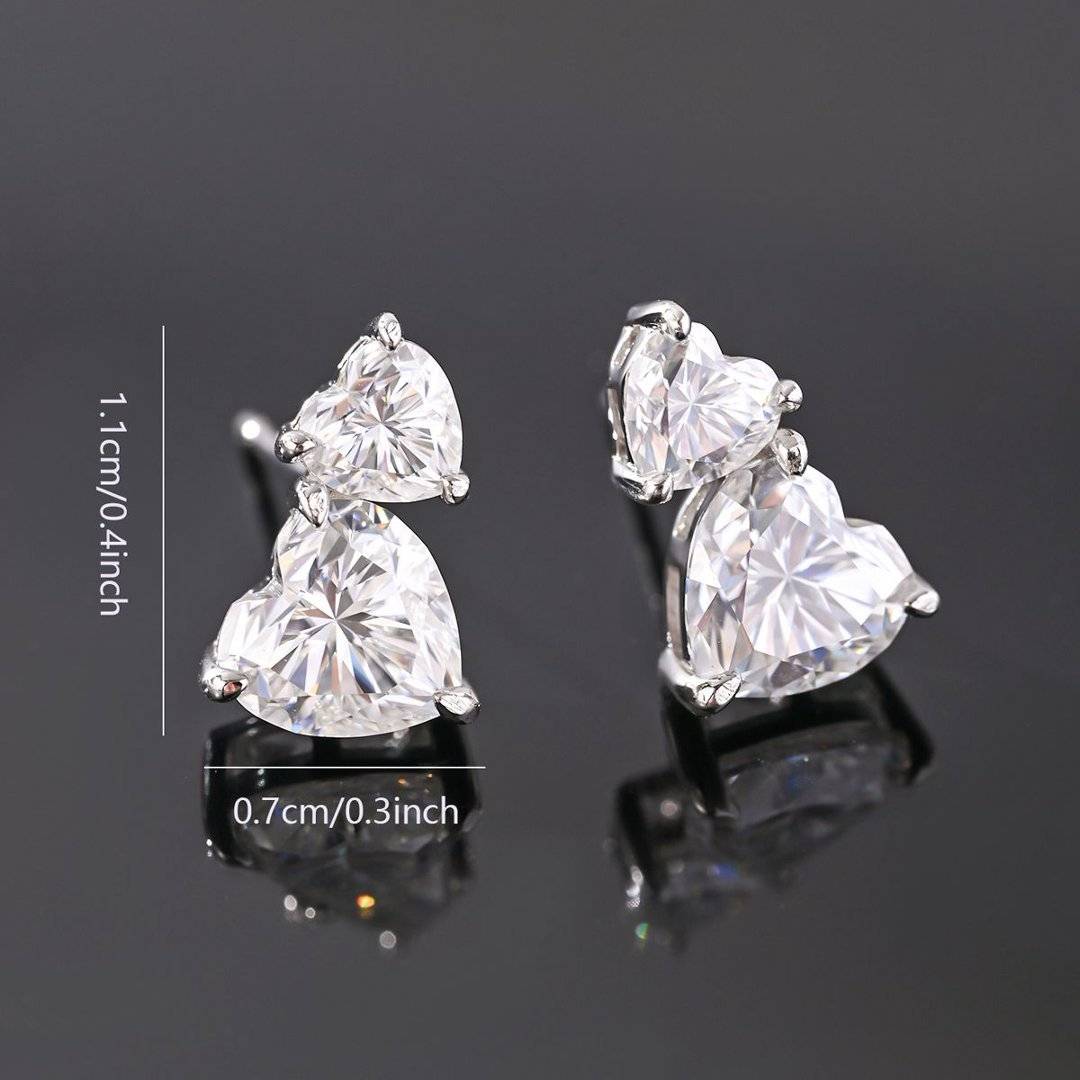 ME0072款S925银镀18K白金心形莫桑钻耳钉2.8ct