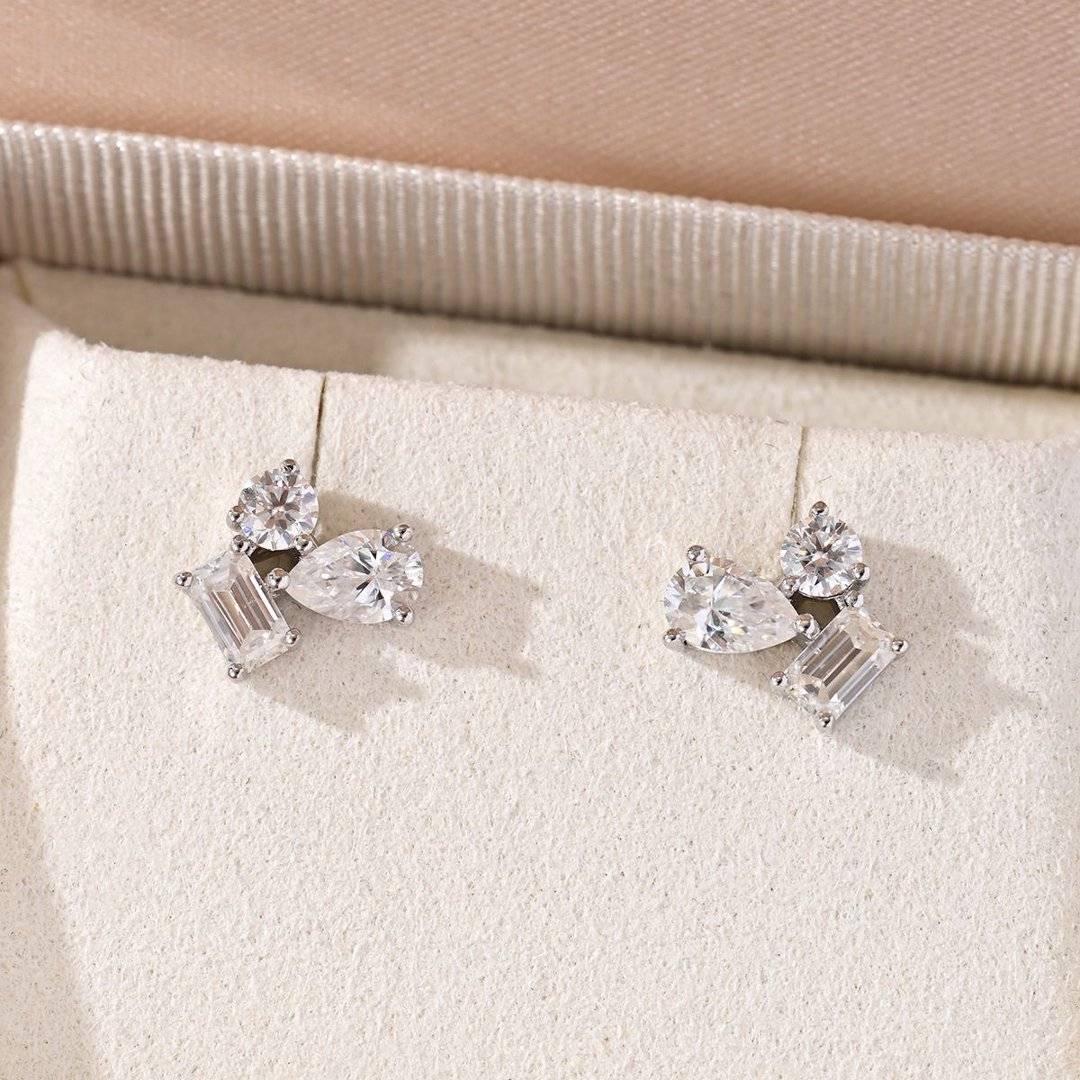 ME0074款S925银镀18K白金多形莫桑钻耳钉2.4ct/3.6ct