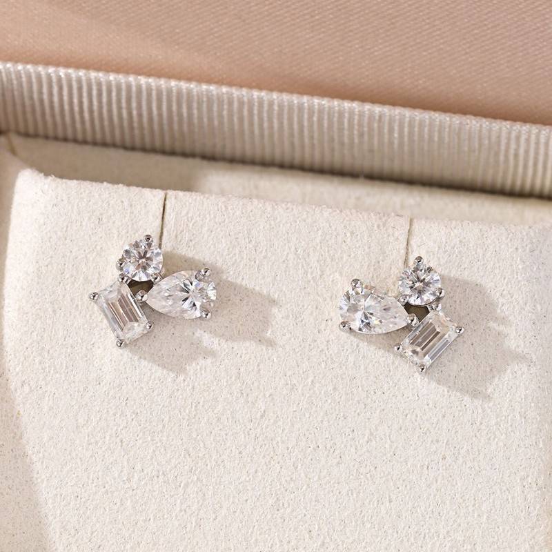 ME0074款S925银镀18K白金多形莫桑钻耳钉2.4ct/3.6ct