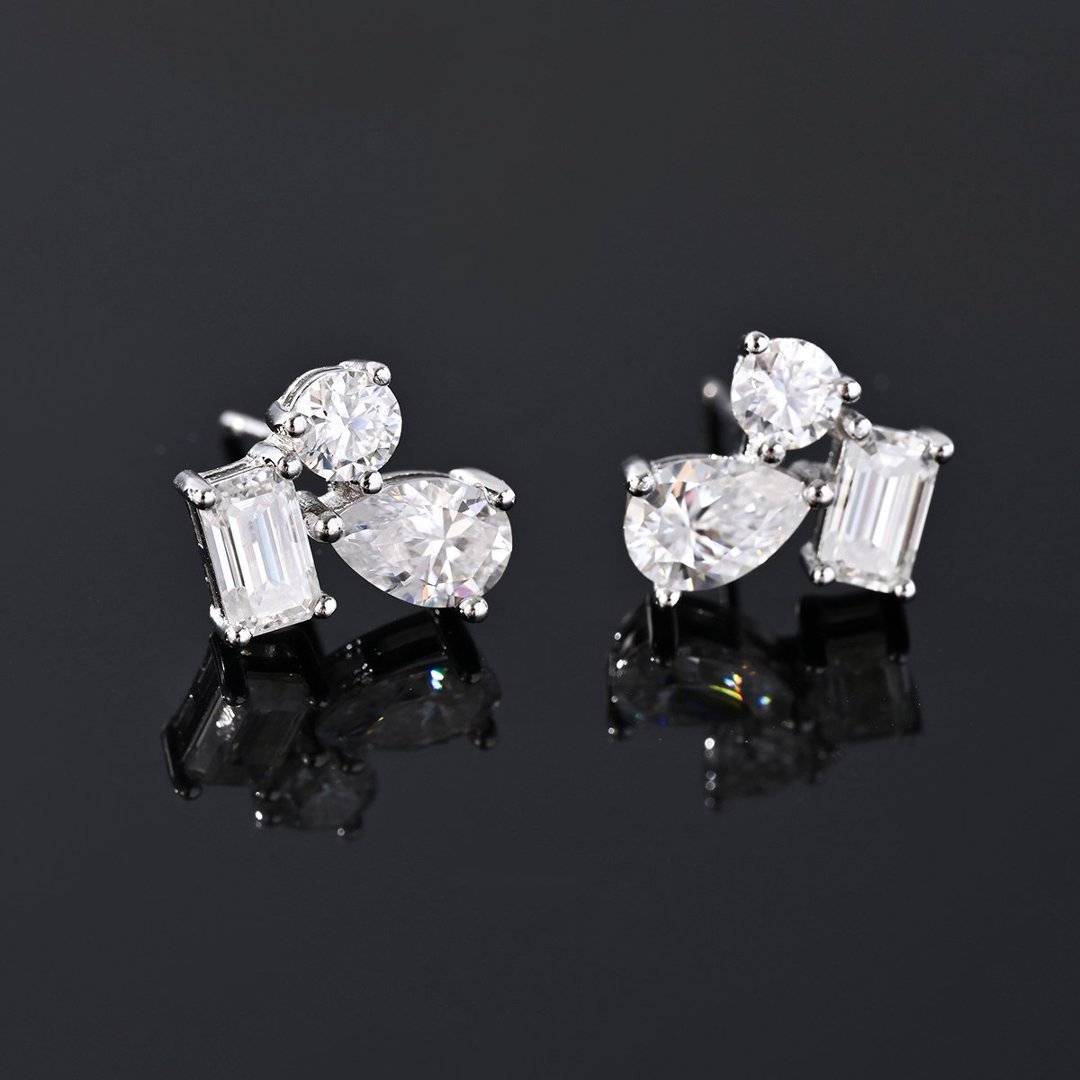 ME0074款S925银镀18K白金多形莫桑钻耳钉2.4ct/3.6ct