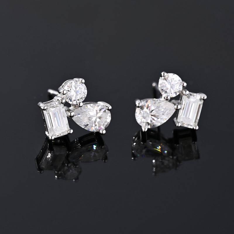 ME0074款S925银镀18K白金多形莫桑钻耳钉2.4ct/3.6ct