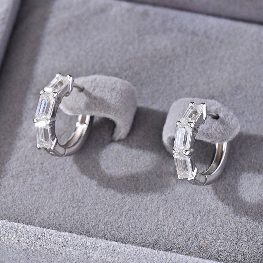 ME0070款S925银镀18K白金祖母绿形莫桑钻耳环3.0ct
