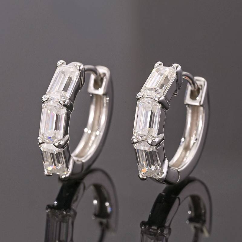 ME0070款S925银镀18K白金祖母绿形莫桑钻耳环3.0ct