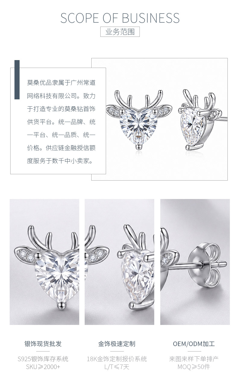 E12526款银镀18K白金心形莫桑钻小鹿耳钉1.64ct - 3