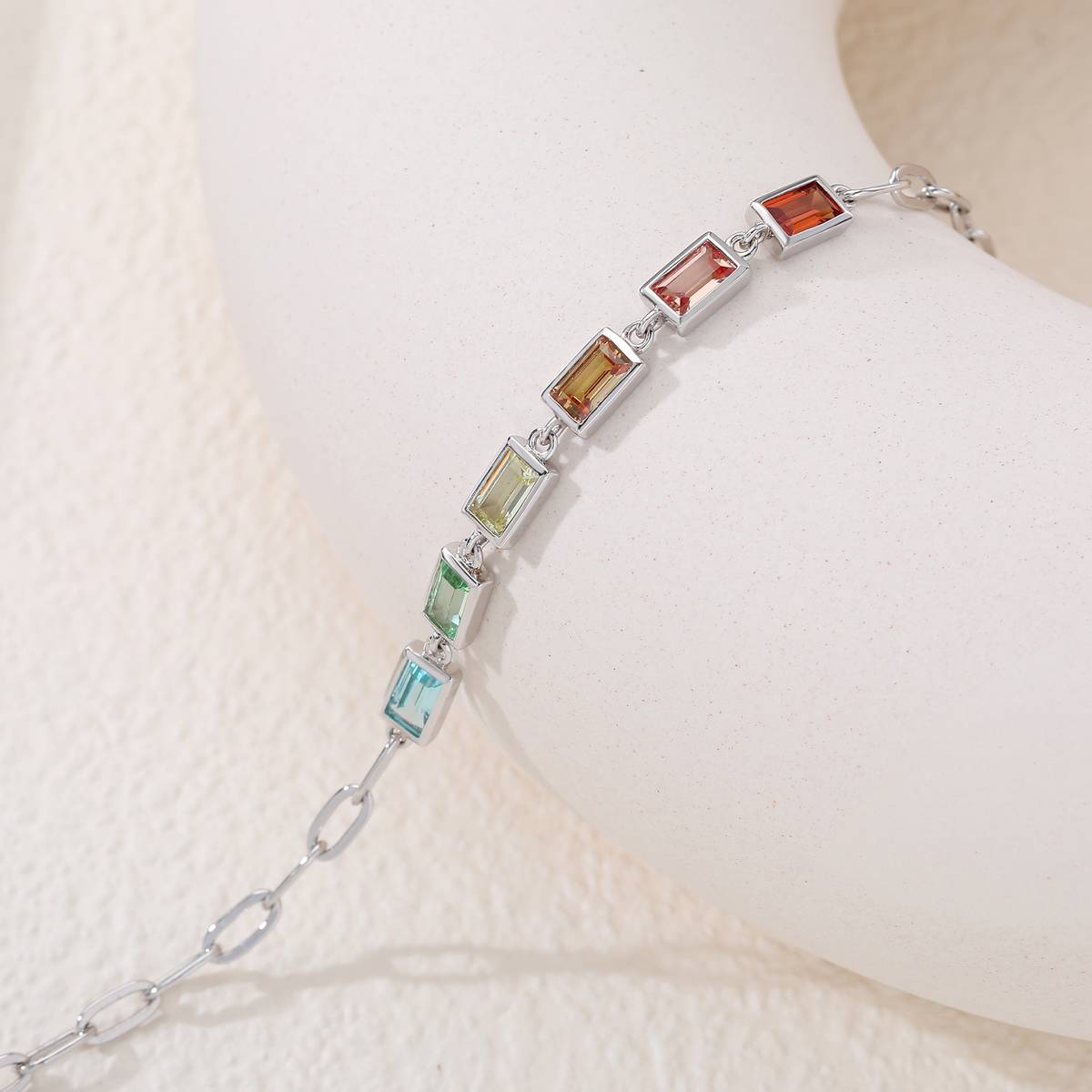 UCB0002-包边长方六宝款镀18K白金培育彩宝Bracelet5*3mmmm/粒