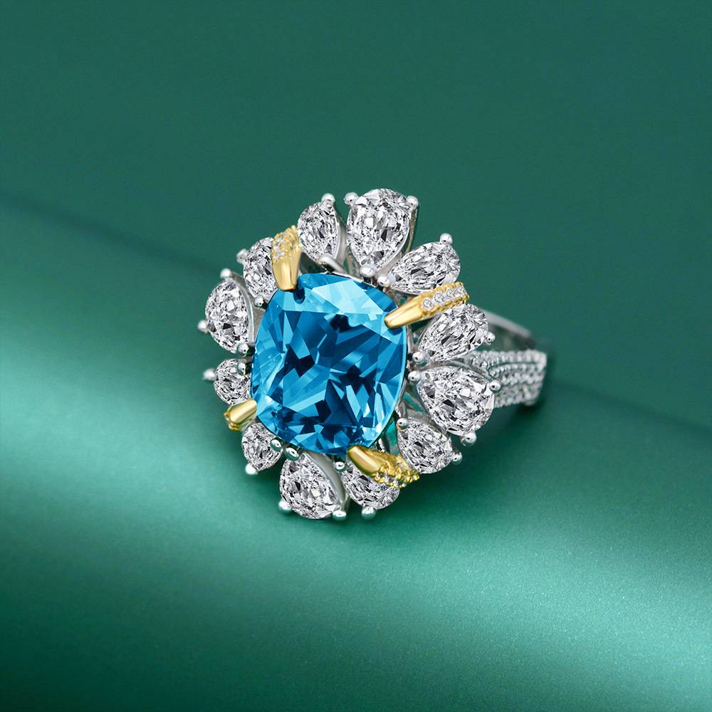 RS02647A1款S925银镀白金高碳钻Ring冰花切蓝色10*10mmmm肥正方