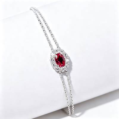 L202601 S925 Silver Plated 18White Gold OvalLAB Gemstone Double Chain Bracelet Main Stone 6 * 4mm
