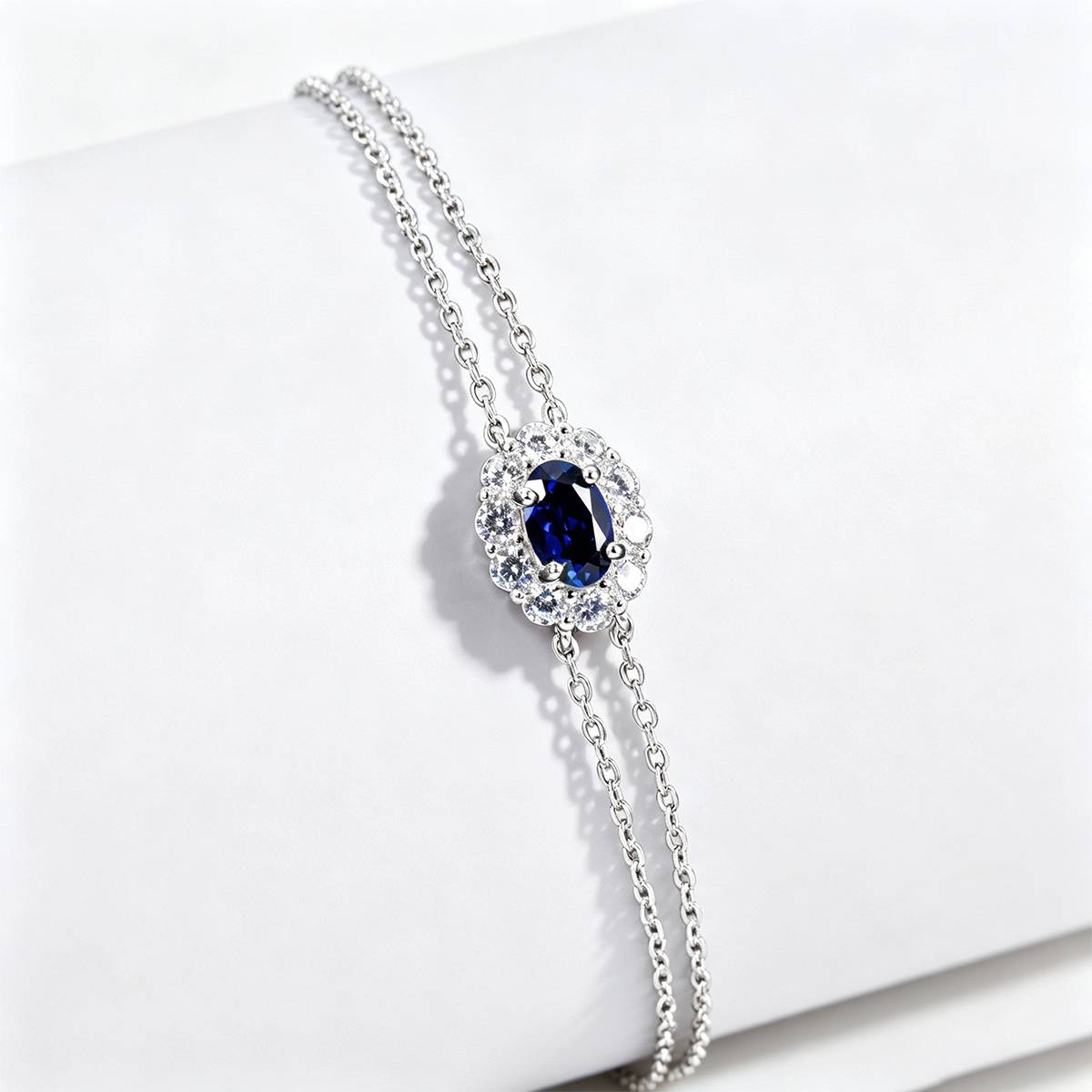 L202601 S925 Silver Plated 18White Gold OvalLAB Gemstone Double Chain Bracelet Main Stone 6 * 4mm