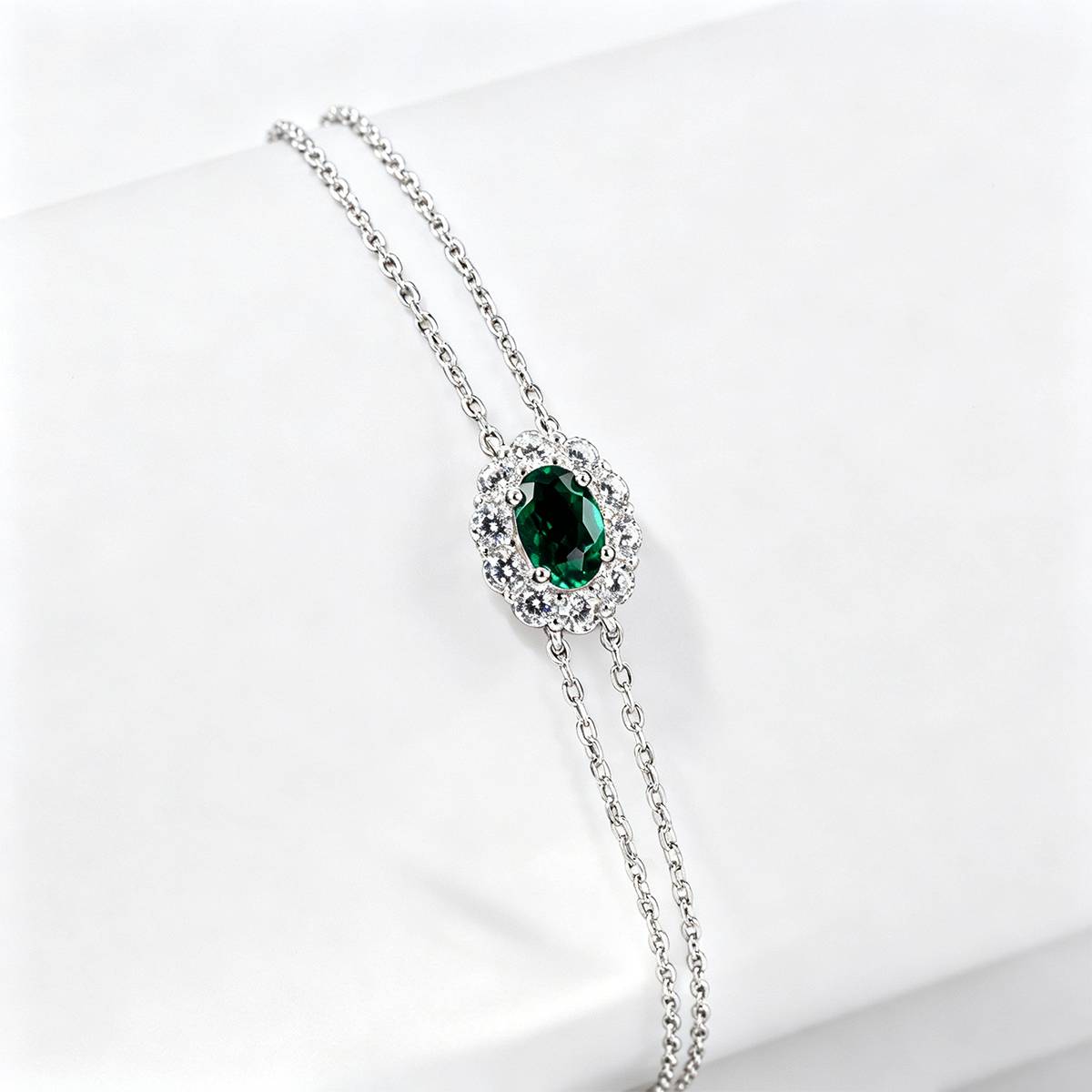L202601 S925 Silver Plated 18White Gold OvalLAB Gemstone Double Chain Bracelet Main Stone 6 * 4mm