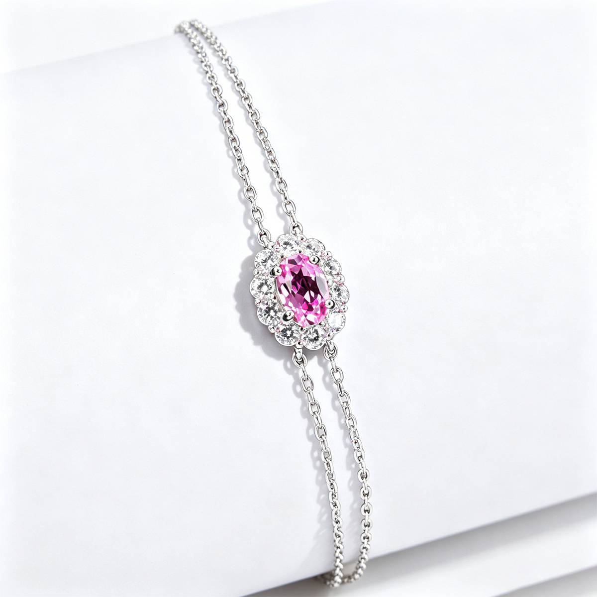 L202601 S925 Silver Plated 18White Gold OvalLAB Gemstone Double Chain Bracelet Main Stone 6 * 4mm