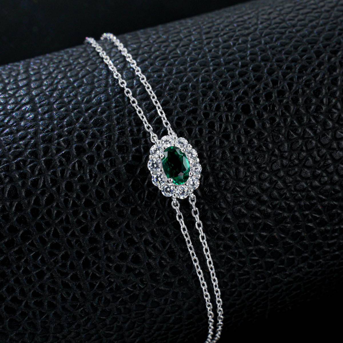 L202601 S925 Silver Plated 18White Gold OvalLAB Gemstone Double Chain Bracelet Main Stone 6 * 4mm
