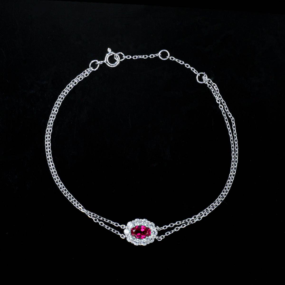 L202601 S925 Silver Plated 18White Gold OvalLAB Gemstone Double Chain Bracelet Main Stone 6 * 4mm