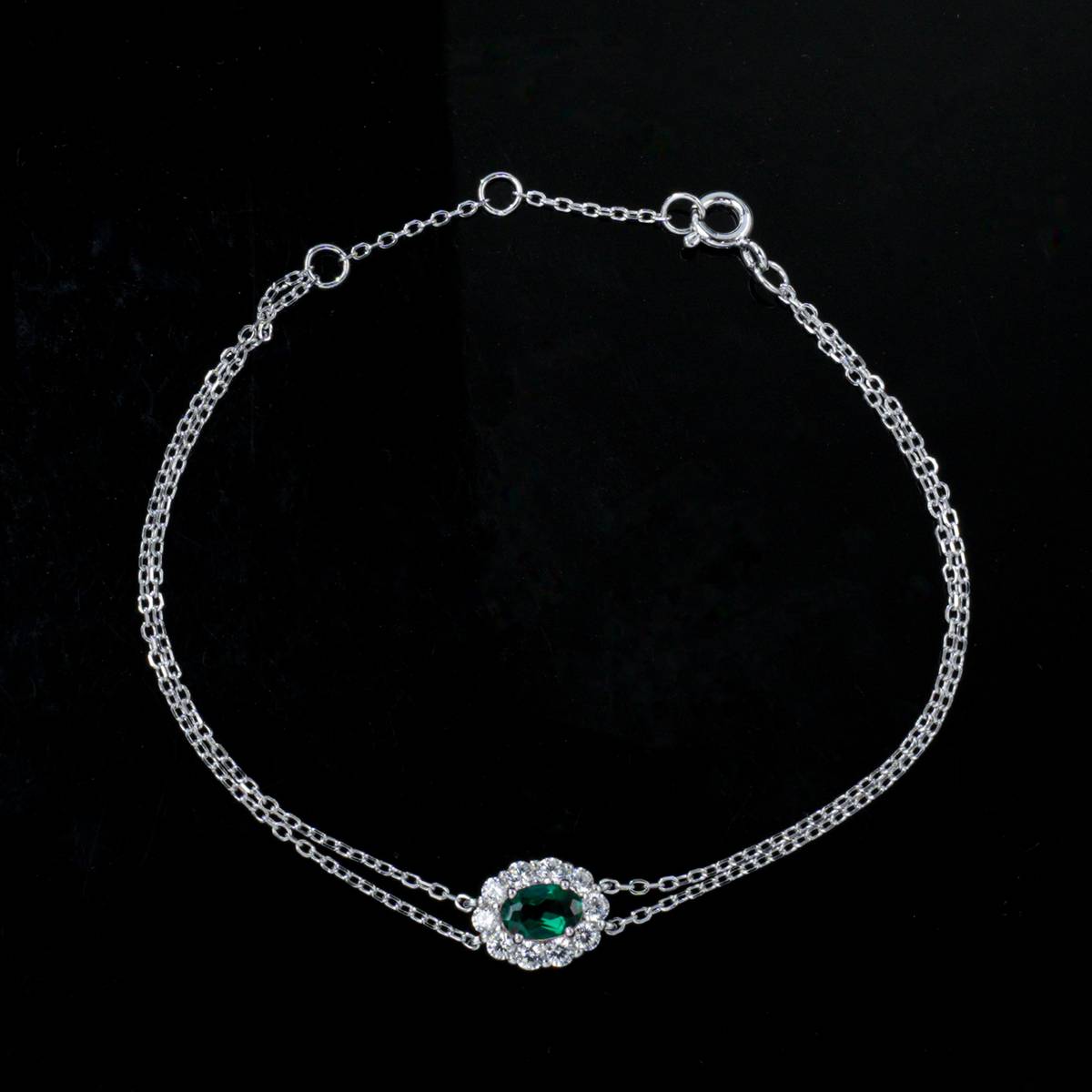 L202601 S925 Silver Plated 18White Gold OvalLAB Gemstone Double Chain Bracelet Main Stone 6 * 4mm