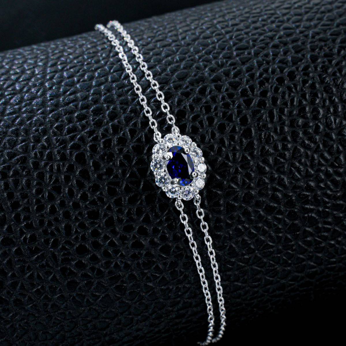 L202601 S925 Silver Plated 18White Gold OvalLAB Gemstone Double Chain Bracelet Main Stone 6 * 4mm