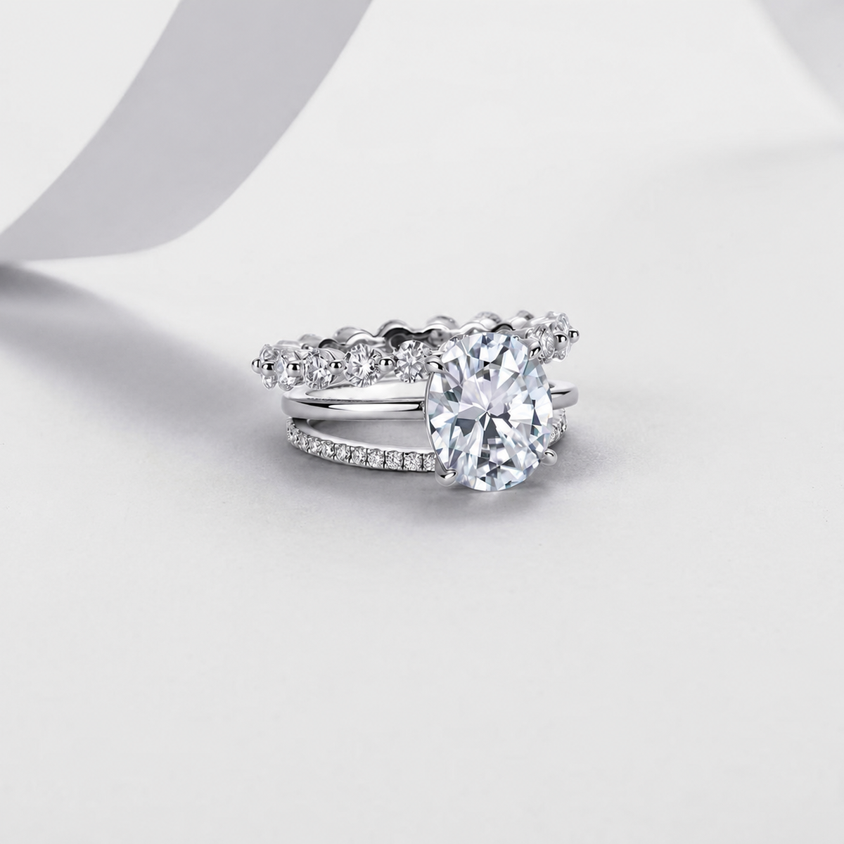 R52535-5ct S925 Silver Plated 18White Gold Oval CutMoissanite Three Piece Bridal Set Main Stone 2.5ct/5.0ct