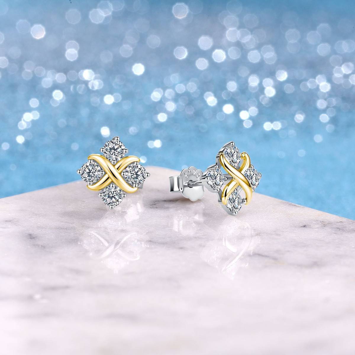 SE0819803款S925银镀双色18K金莫桑钻X款耳钉0.8ct