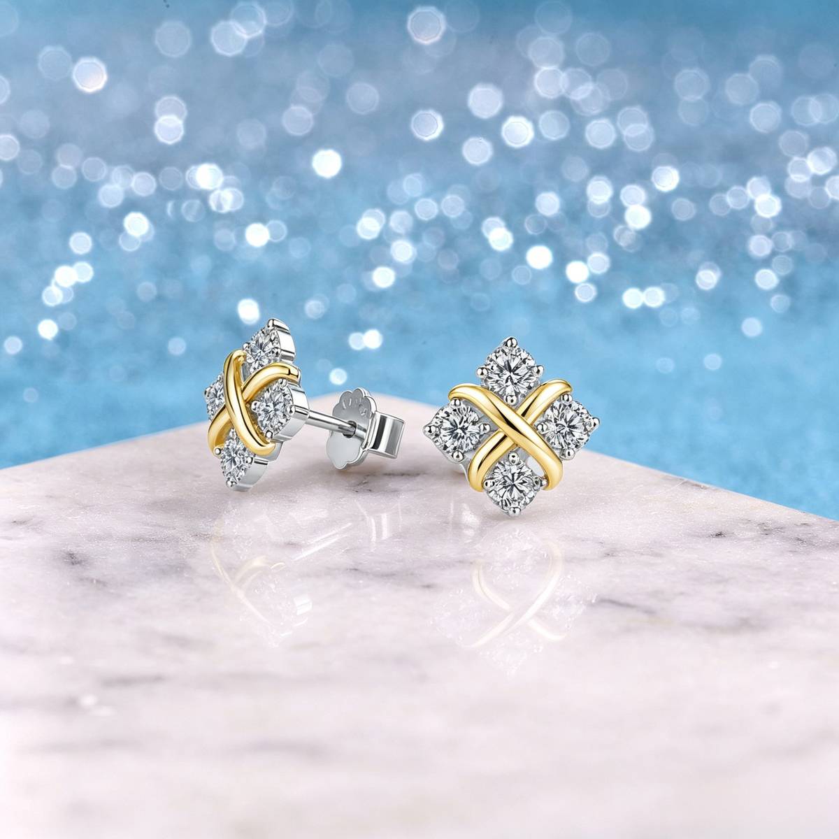 SE0819803款S925银镀双色18K金莫桑钻X款耳钉0.8ct