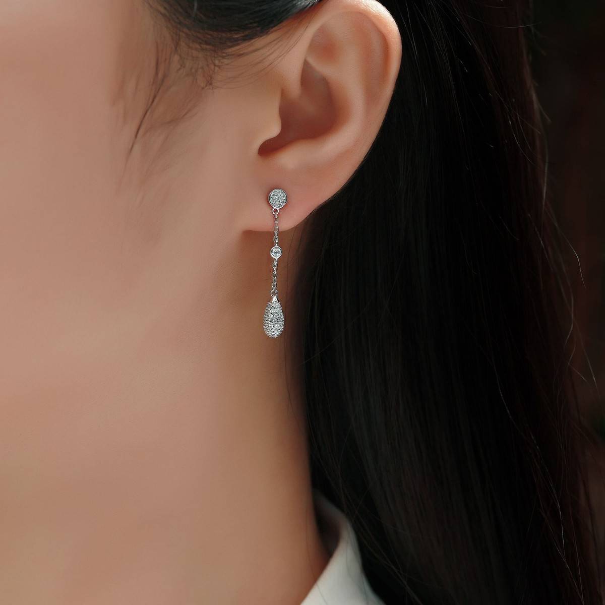 SE0210802款S925银镀18K金满镶莫桑钻水滴流苏耳钉0.8ct