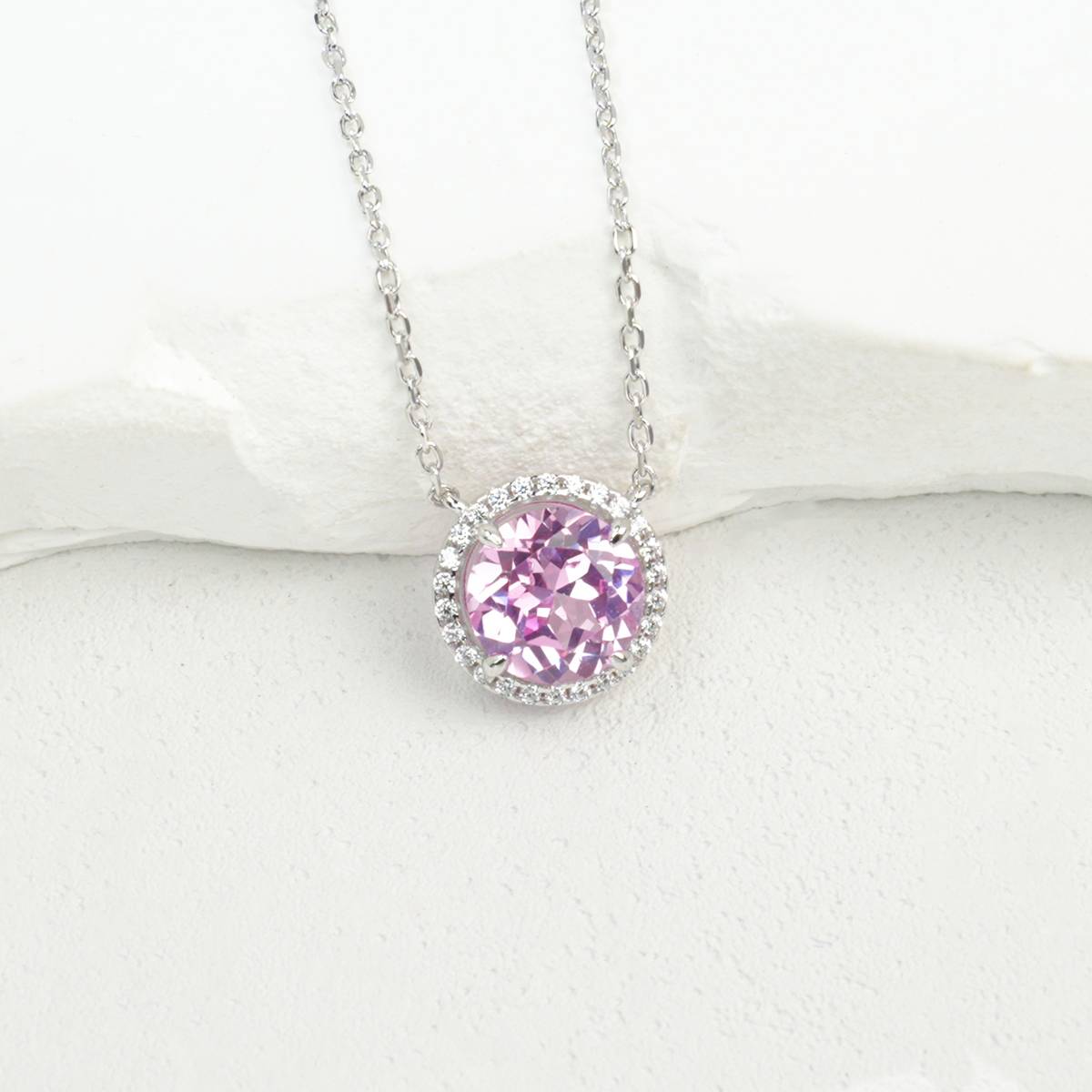 XYPO7款S925银镀18K白金圆形培育彩宝项链主石8mm/2.2ct