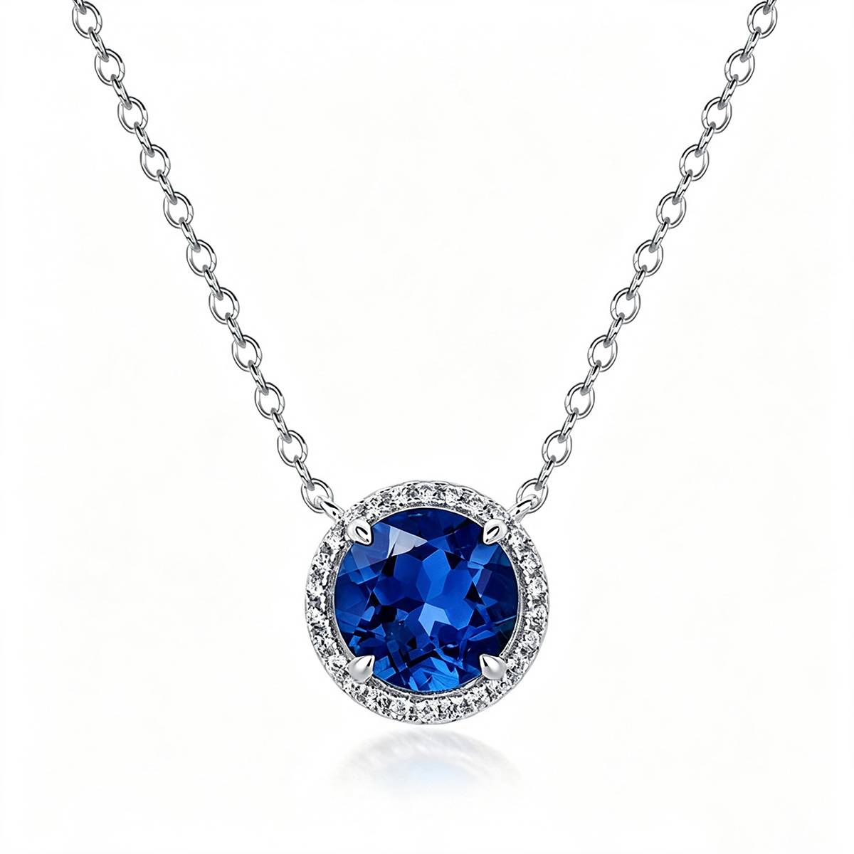 XYPO7款S925银镀18K白金圆形培育彩宝项链主石8mm/2.2ct