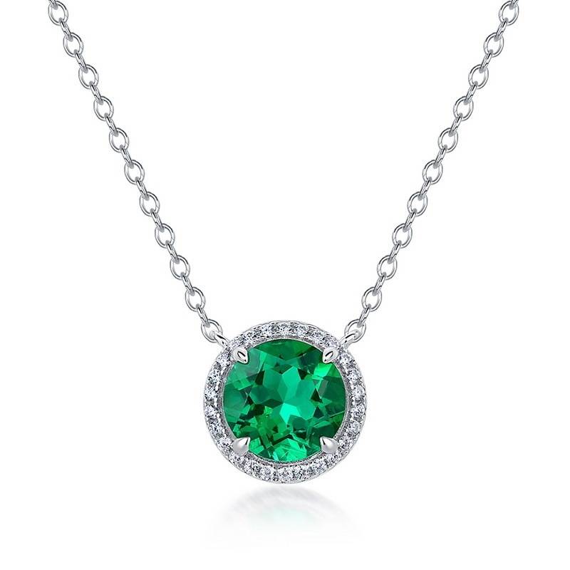 XYPO7款S925银镀18K白金圆形培育彩宝项链主石8mm/2.2ct