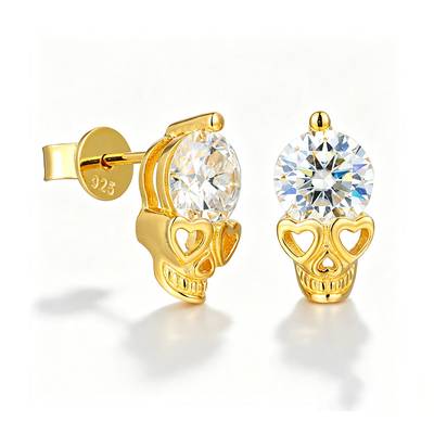 TQE0238 Silver Plated 18K Gold Round CutMoissanite Skull Hip Hop Earrings 2.0ct