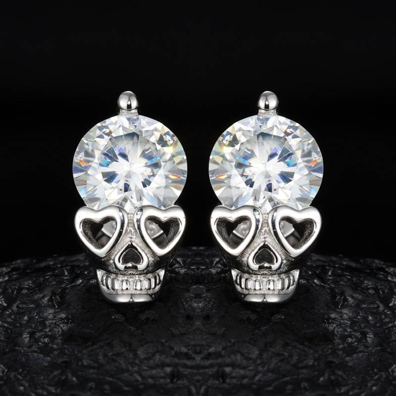 TQE0238 Silver Plated 18K Gold Round CutMoissanite Skull Hip Hop Earrings 2.0ct