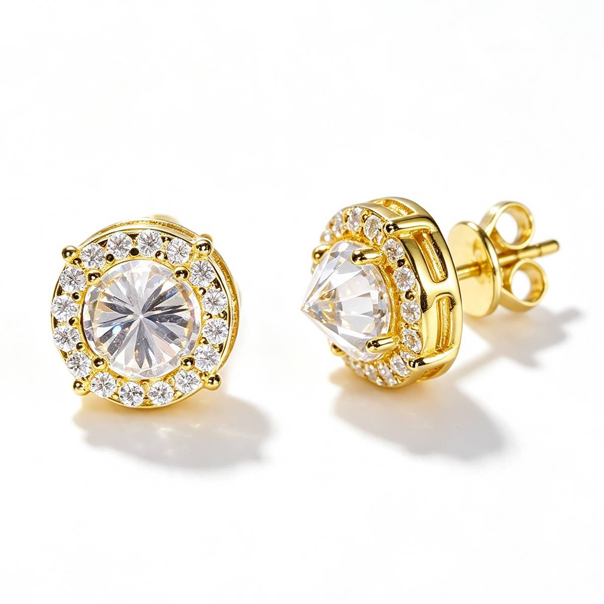 TQE0579 Silver Plated 18K Gold Round CutMoissanite Inverted Hip Hop Earrings 2.48ct