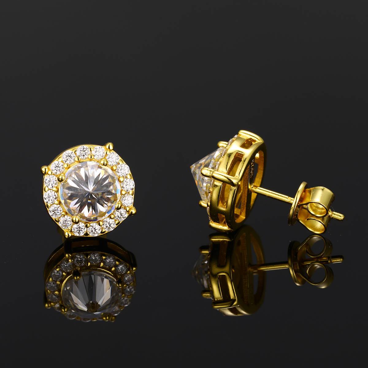 TQE0579 Silver Plated 18K Gold Round CutMoissanite Inverted Hip Hop Earrings 2.48ct