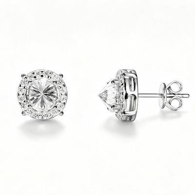 TQE0579 Silver Plated 18K Gold Round CutMoissanite Inverted Hip Hop Earrings 2.48ct