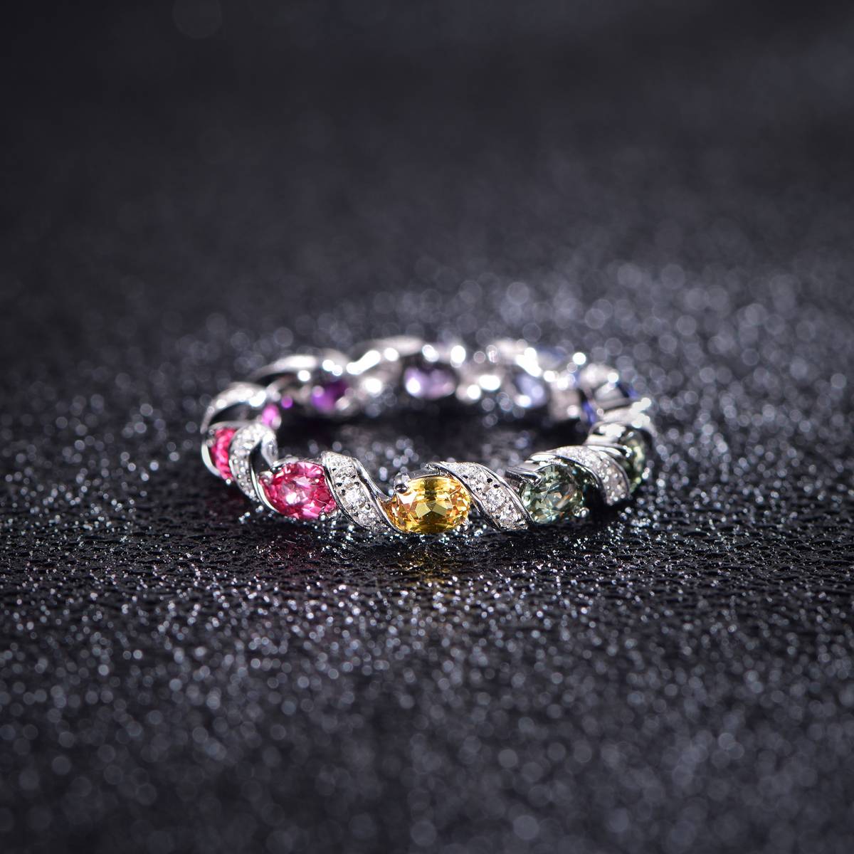 R3-0887款S925银镀18K白金圆形培育彩宝彩虹甜甜圈莫桑钻戒指0.3ct