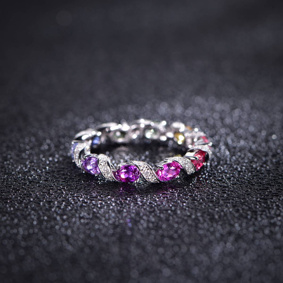 R3-0887款S925银镀18K白金圆形培育彩宝彩虹甜甜圈莫桑钻戒指0.3ct