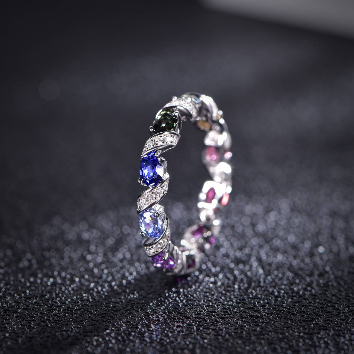 R3-0887款S925银镀18K白金圆形培育彩宝彩虹甜甜圈莫桑钻戒指0.3ct