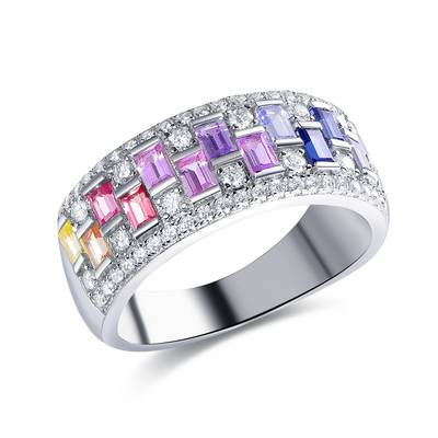 R3-0895款S925银镀18K白金长方培育彩宝彩虹莫桑钻戒指0.4ct