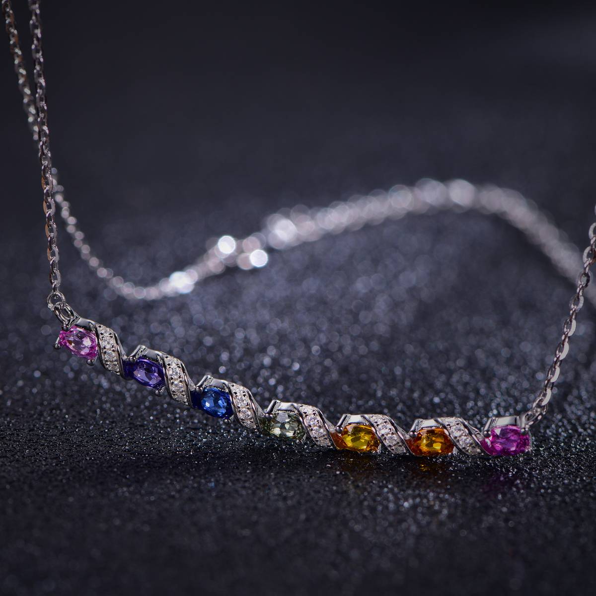 N3-0132 S925 Silver Plated 18White Gold Oval CutLAB grown Gemstone Wave Rainbow Moissanite Necklace 4 * 3mm/piece