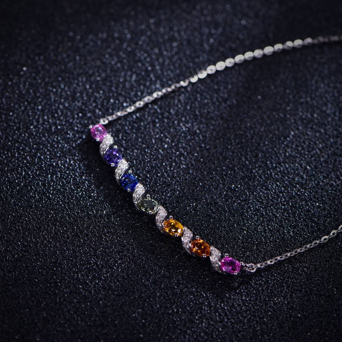 N3-0132 S925 Silver Plated 18White Gold Oval CutLAB grown Gemstone Wave Rainbow Moissanite Necklace 4 * 3mm/piece