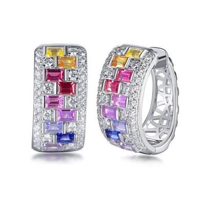 E3-0363款S925银镀18K白金长方培育彩宝彩虹莫桑钻耳环0.55ct