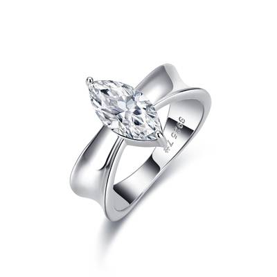 R55135-BMC款S925银镀18K白金马眼形莫桑钻个性张扬订婚戒指3.0ct