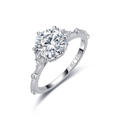 R55093款银镀18K白金圆形莫桑钻精致订婚戒指2.2ct