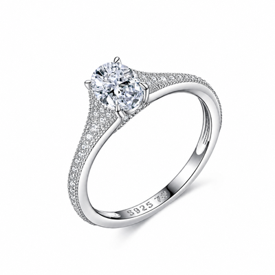 R55098款银镀18K白金蛋形莫桑钻精致订婚戒1.23ct