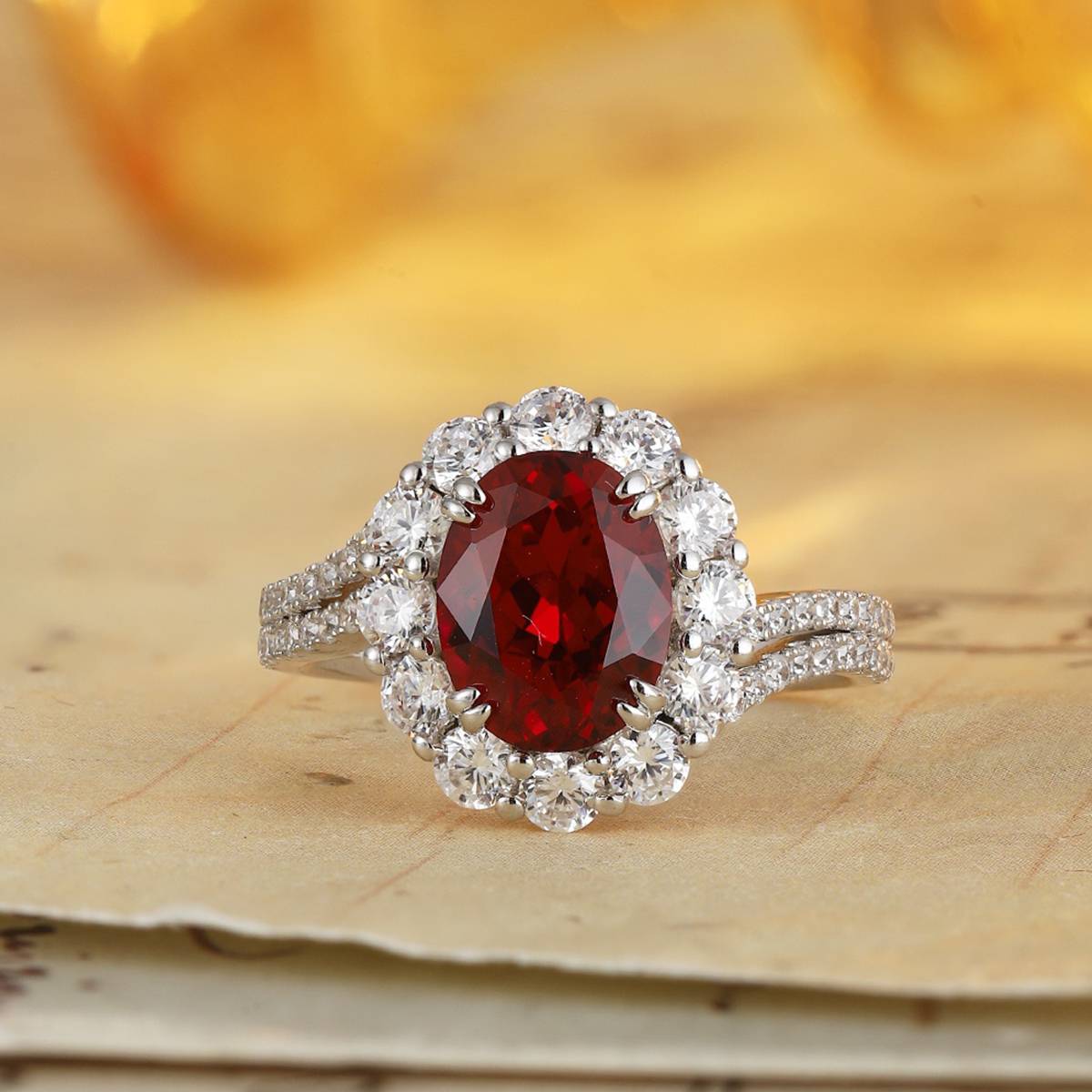 R2189款S925银镀18K白金蛋形培育彩宝双臂豪华订婚戒指2.72ct